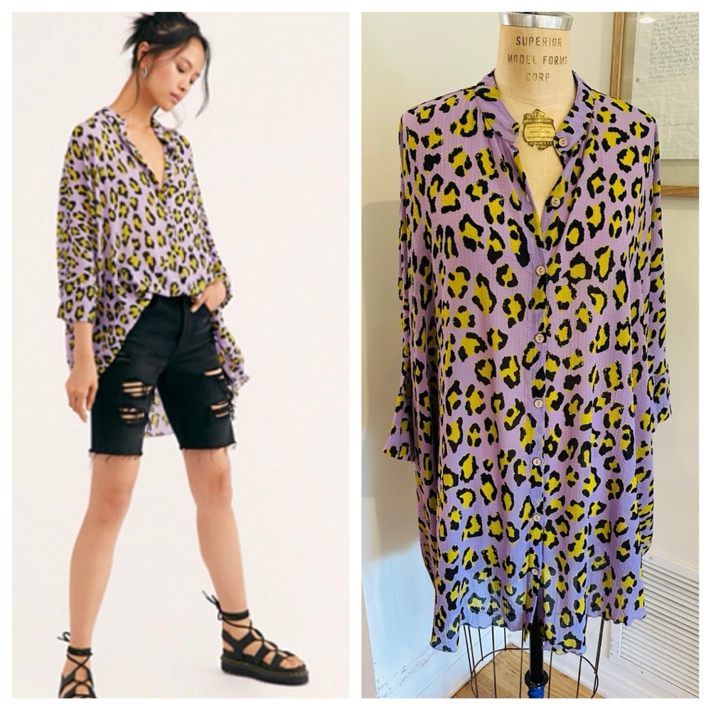 Free People “Wake Up” Flowy Tunic Top Animal Print, Sz Med in Lavender Glow
